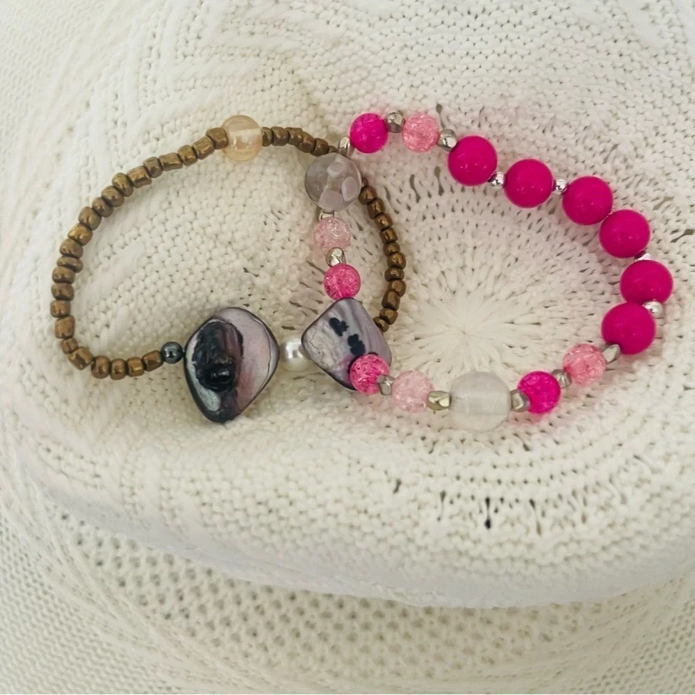 2 Bracelets Handmade Stretch beaded Mother of Pearl